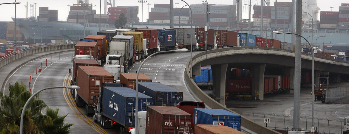 Trucks lining up of the Port of Long Beach to get cargo