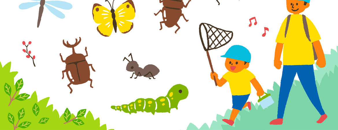 Drawing of parent and child chasing insects