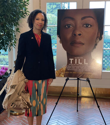 Courtney Baker, an associate professor of English, on Feb. 16, 2023 at the screening of "Till" in Washington, D.C. (Photo courtesy of Courtney Baker)