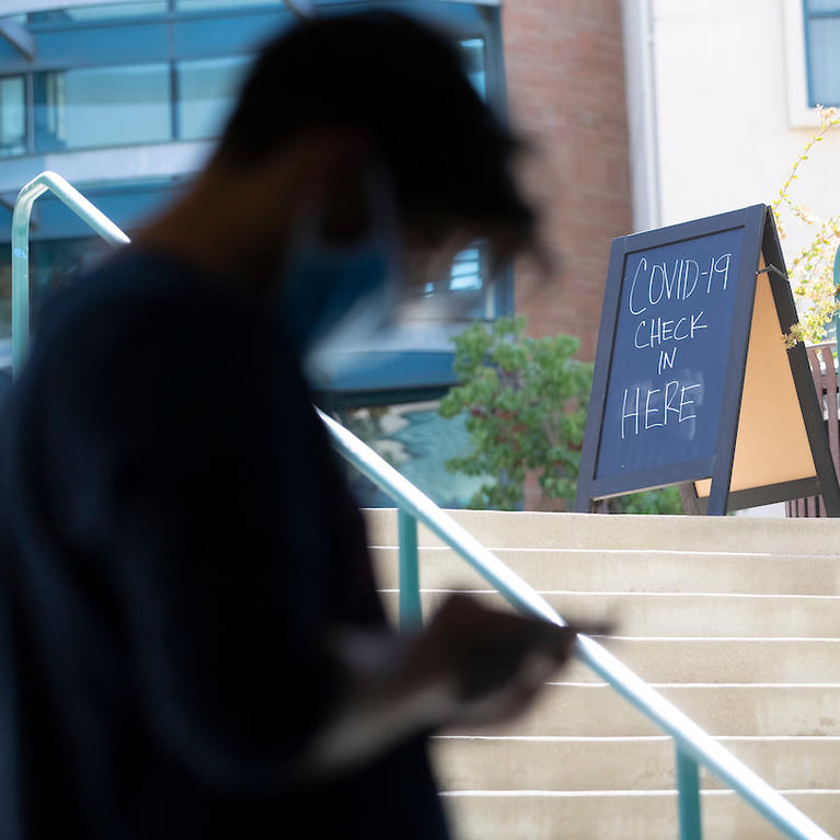 Student checking in for covid test