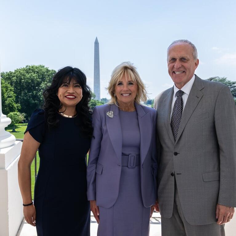 UCR grad student Ariana with FLOTUS Jill Biden and UCR Chancellor Wilcox.