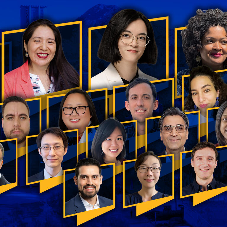 Collage of 21 diverse smiling people's headshots on a blue and gold mountain background.