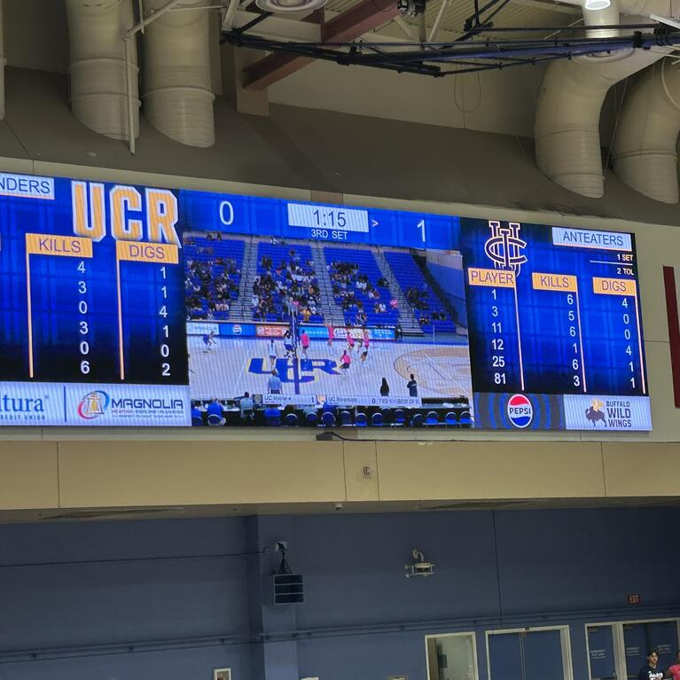 UCR Highlanders scoreboard displaying game stats and live feed in a gymnasium.