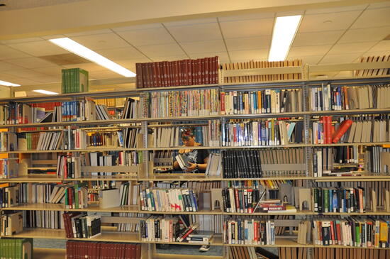 Library staff restacks books